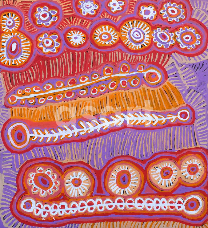 Malikijarra Jukurrpa (Two Dogs Dreaming) 1219/14, by Aboriginal artist Murdie Nampijinpa Morris (Australia)