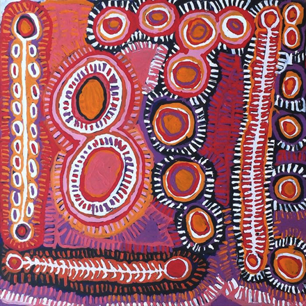 Malikijarra Jukurrpa Two Dogs Dreaming (411/15) by Aboriginal artist Murdie Nampijinpa Morris (Australia)